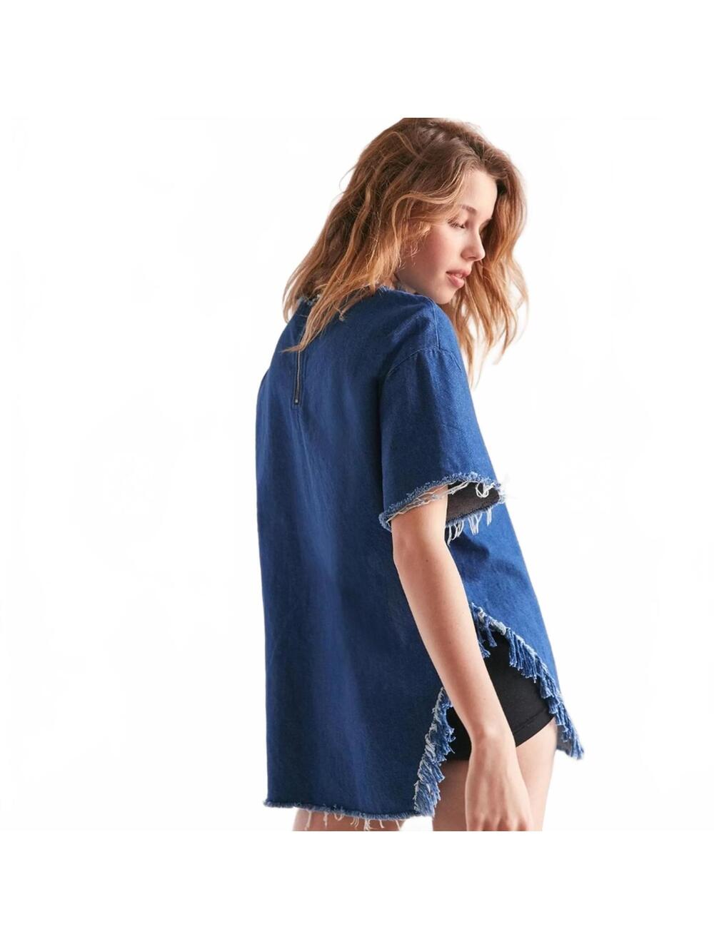 BDG Blue Denim Fringe Hem Short Sleeve Top Size Medium